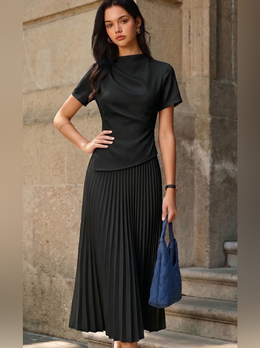 Commense 2 In 1 Short Sleeve Pleated Maxi Dress